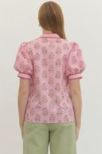 Entro Floral Print Short Puff Sleeve Top Contrast Gingham