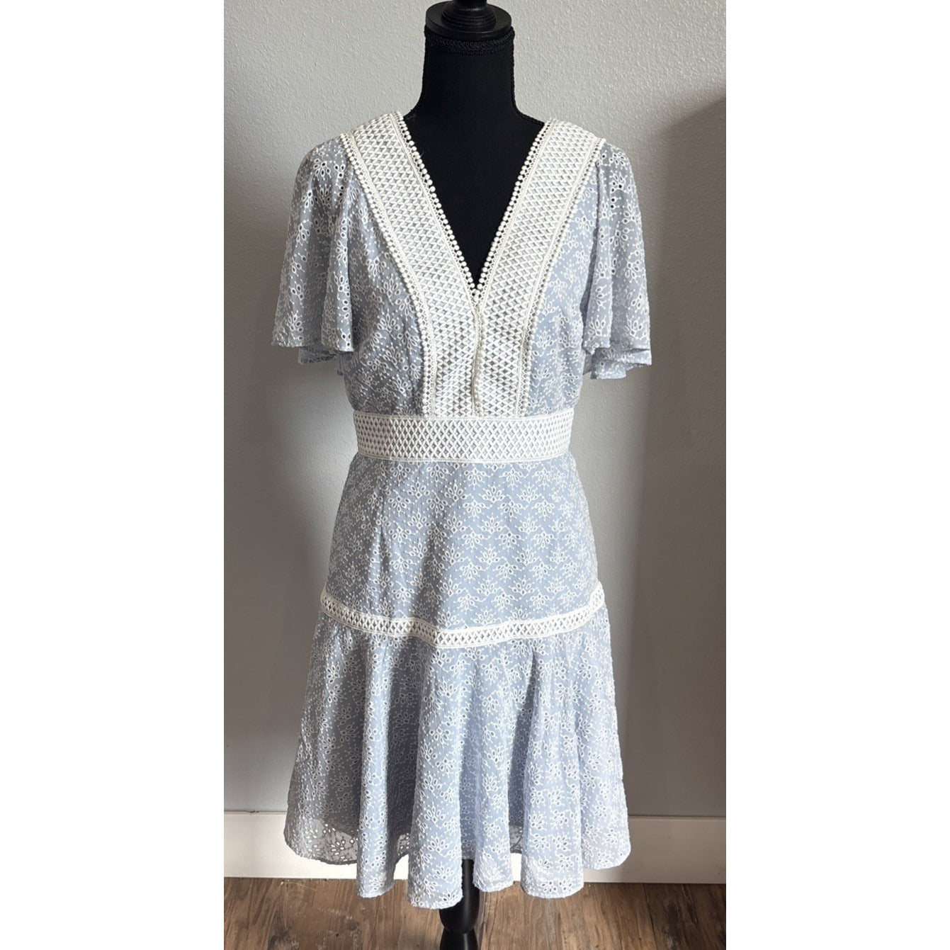 GIANNI BINI Womens Alice Lace Light Blue V Neck Eyelet Drop Waist Dress NWT Sz 4