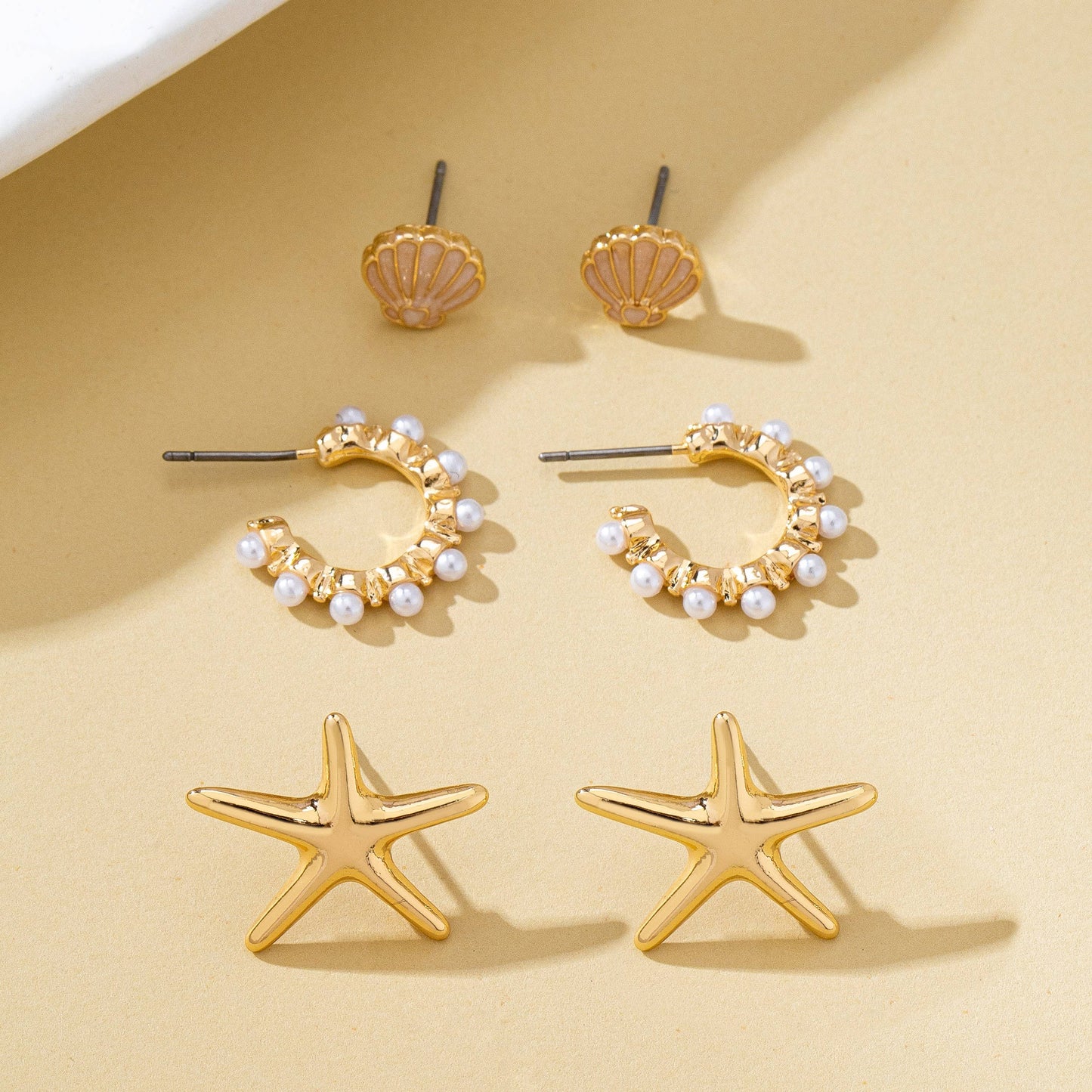 Nautical Shell Starfish Pearl Trio Earring Set