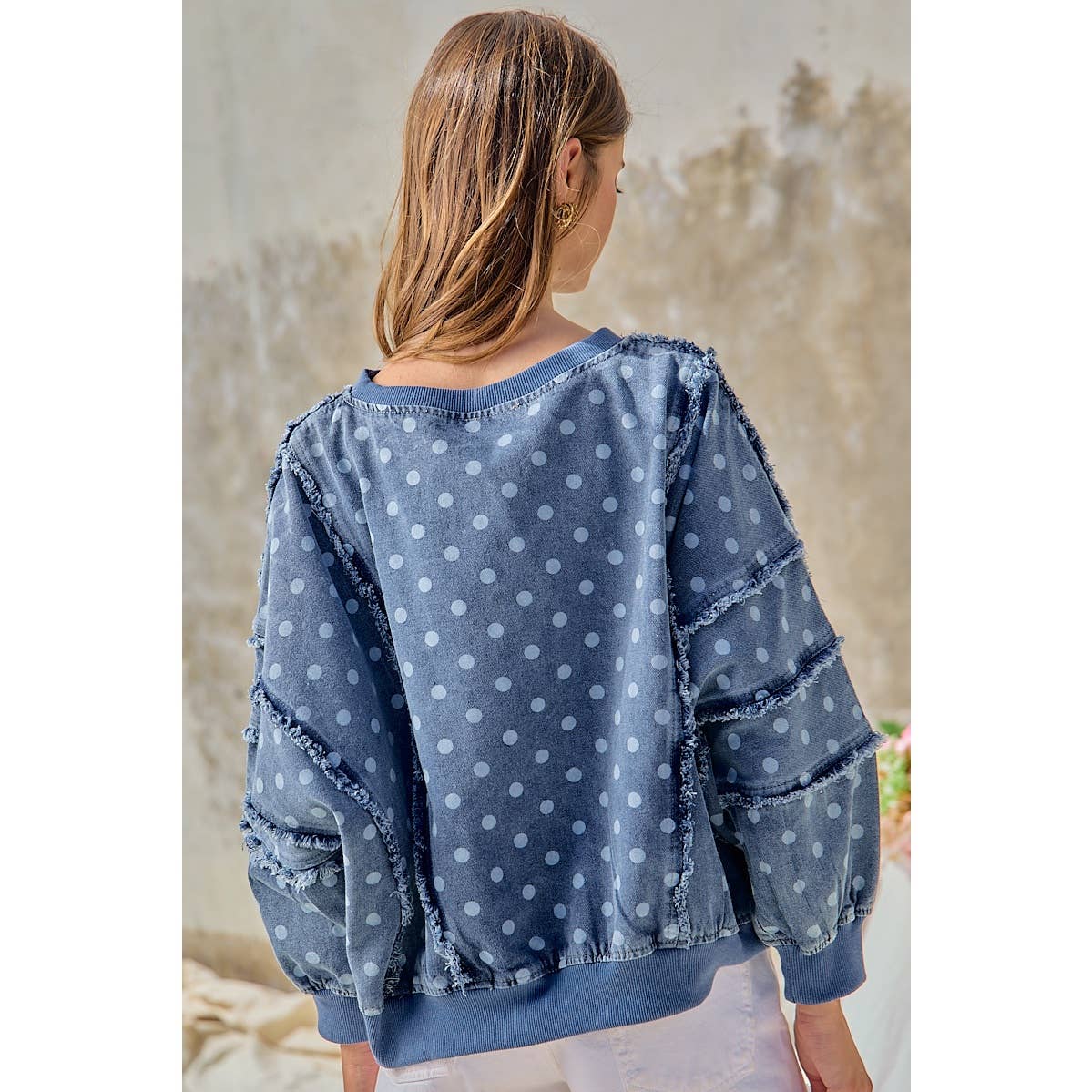 POLKA DOT PRINTED WASHED DENIM FRAYED EDGE DETAIL TOP