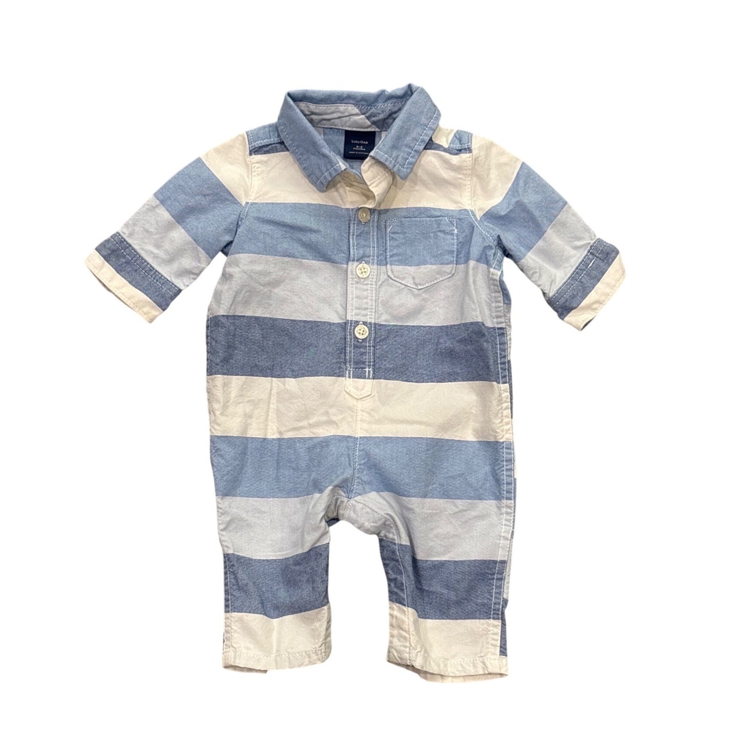 BabyGap Infant Striped Collared Romper 0-3 Months Blue & White Cotton Button-Up