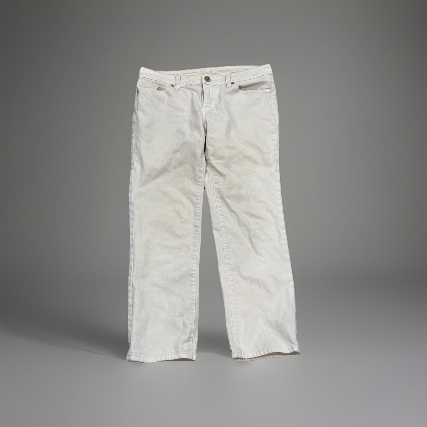 Tory Burch White Mid Rise Skinny Jeans Embroidered Logo On Back Pockets Size 27