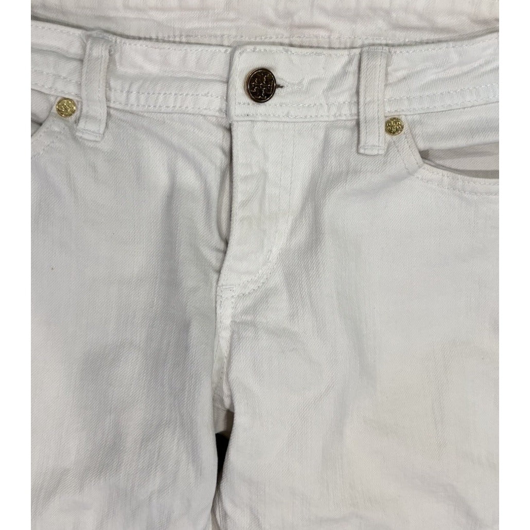 Tory Burch White Mid Rise Skinny Jeans Embroidered Logo On Back Pockets Size 27