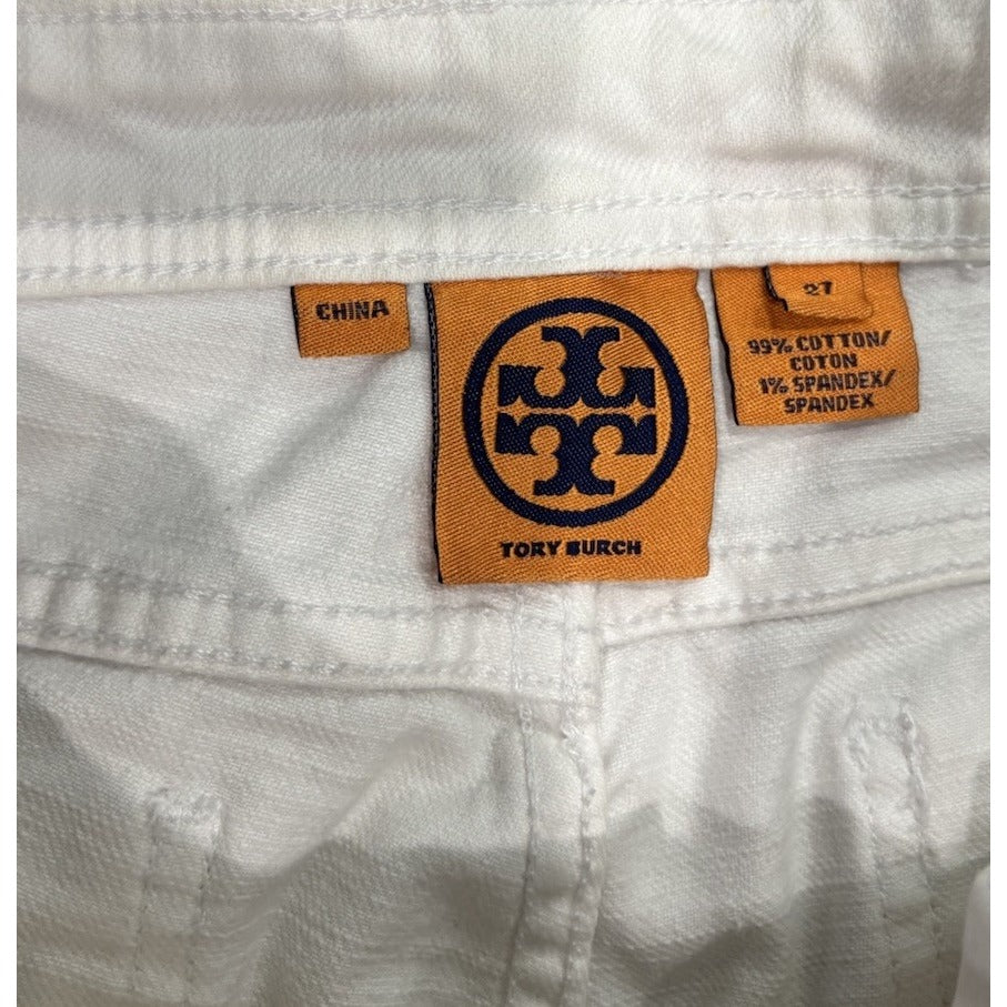 Tory Burch White Mid Rise Skinny Jeans Embroidered Logo On Back Pockets Size 27
