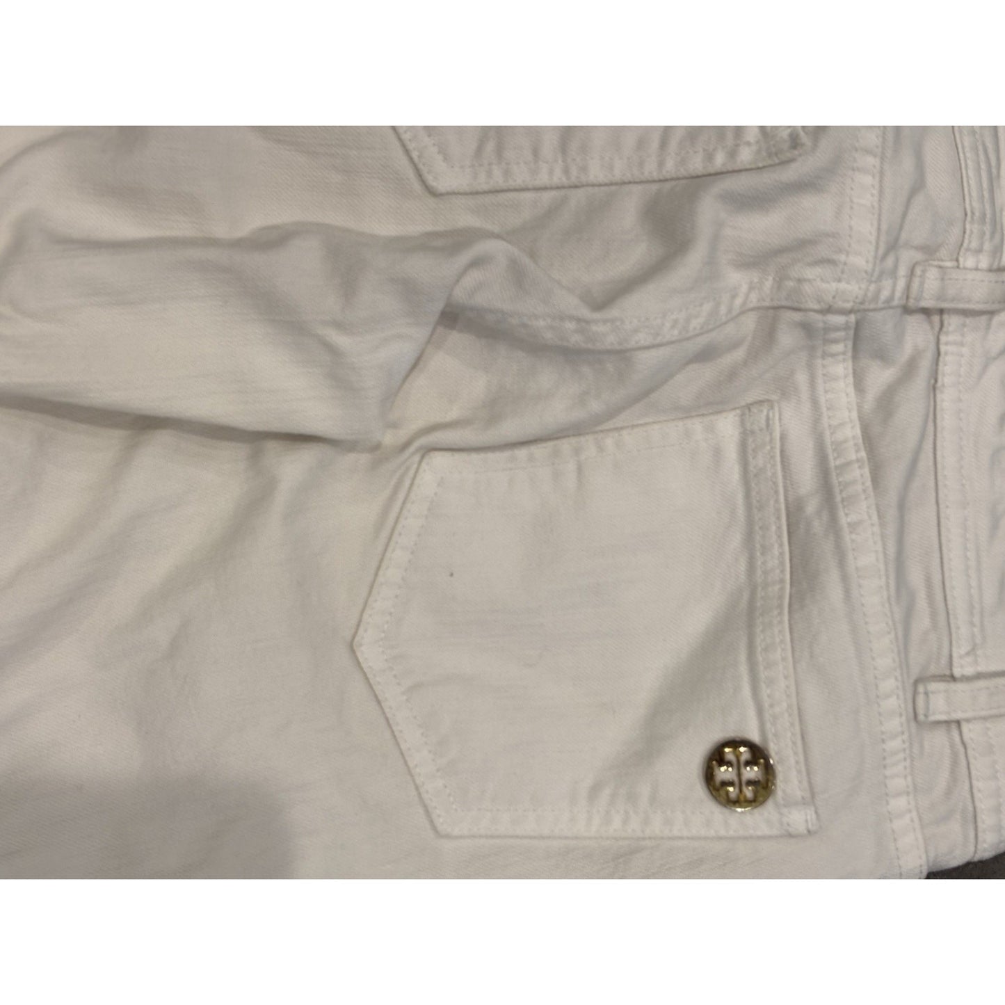 Tory Burch White Mid Rise Skinny Jeans Embroidered Logo On Back Pockets Size 27