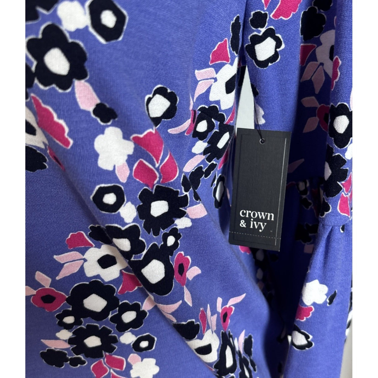 Crown & Ivy Top women's blue, Purple Floral patterned Long Bell Sleeve NWT