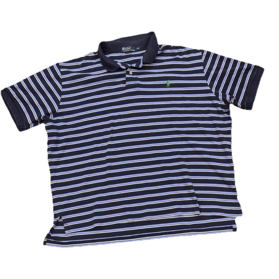 Ralph Lauren POLO Shirt Blue White Stripe Short Sleeve Green PONY Mens XXL