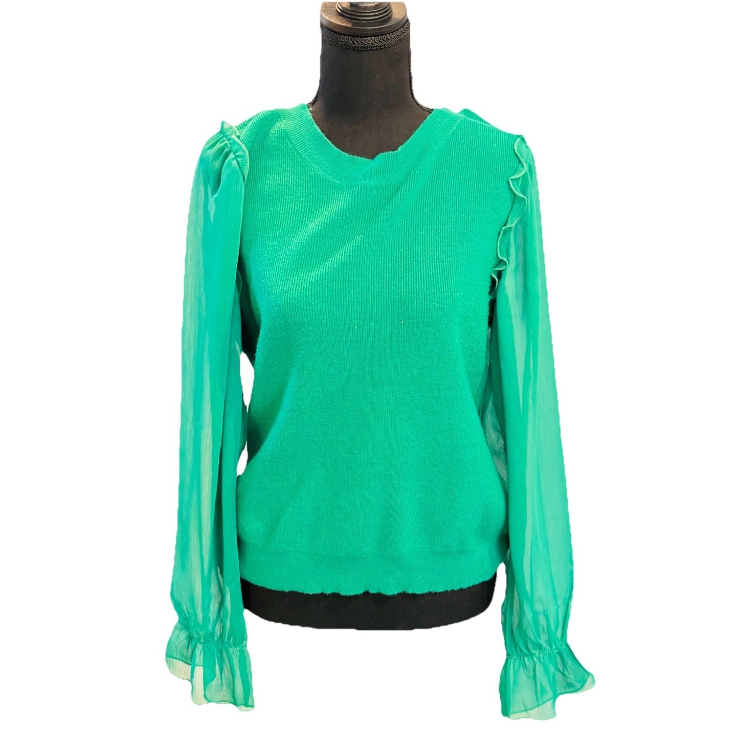 Versona Green Sweater With Sheer Puff Long Sleeves Size Large