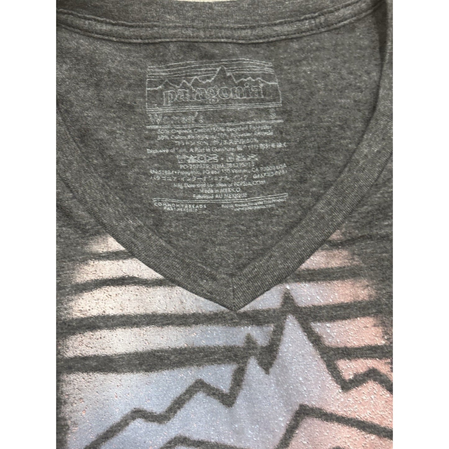 PATAGONIA WOMENS SIZE SMALL SLIM FIT V-NECK GRAY SPELL OUT TSHIRT