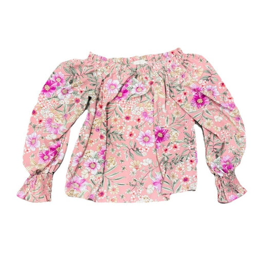 Vine & Love Women Large Blouse Pink Floral Woven LS Pullover Off Shoulder 19954