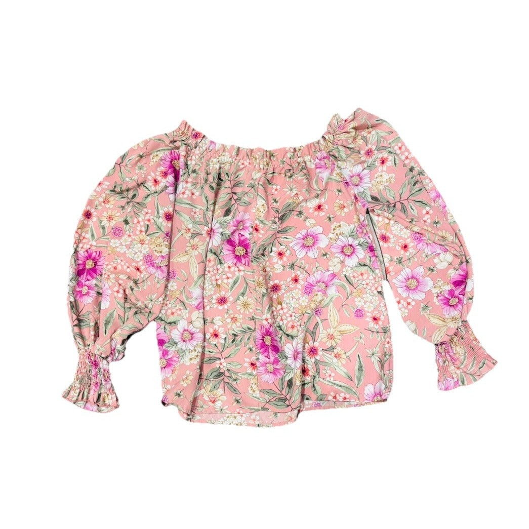 Vine & Love Women Large Blouse Pink Floral Woven LS Pullover Off Shoulder 19954