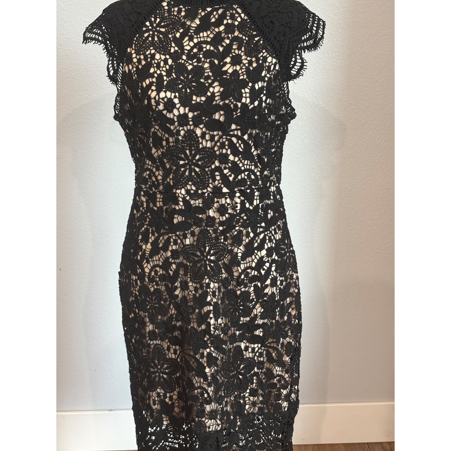 Black Lace Overlay Midi Dress With Beige Lining By Main Strip - Size L