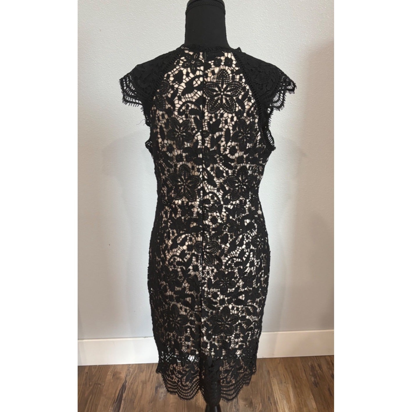 Black Lace Overlay Midi Dress With Beige Lining By Main Strip - Size L