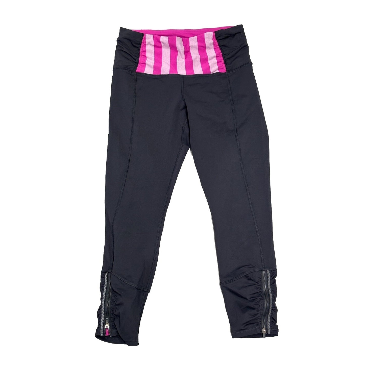 Lululemon RUNDAY Crop Pants Black Raspberry Pink Stripe Reflect Zip Ankle Sz 6