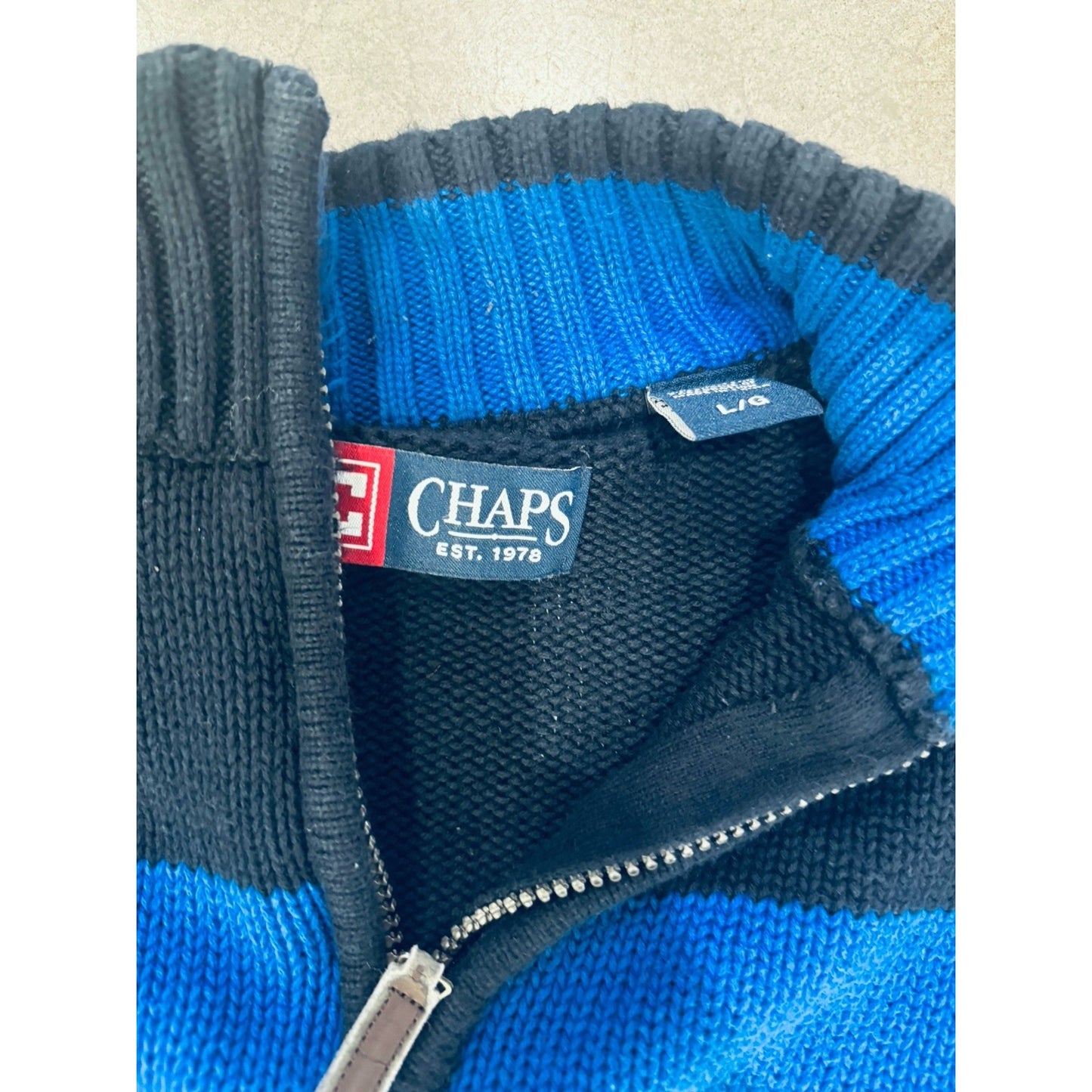 Men's Chaps 1/4 Zip Pullover Sweater Large Black Blue Cream Knit