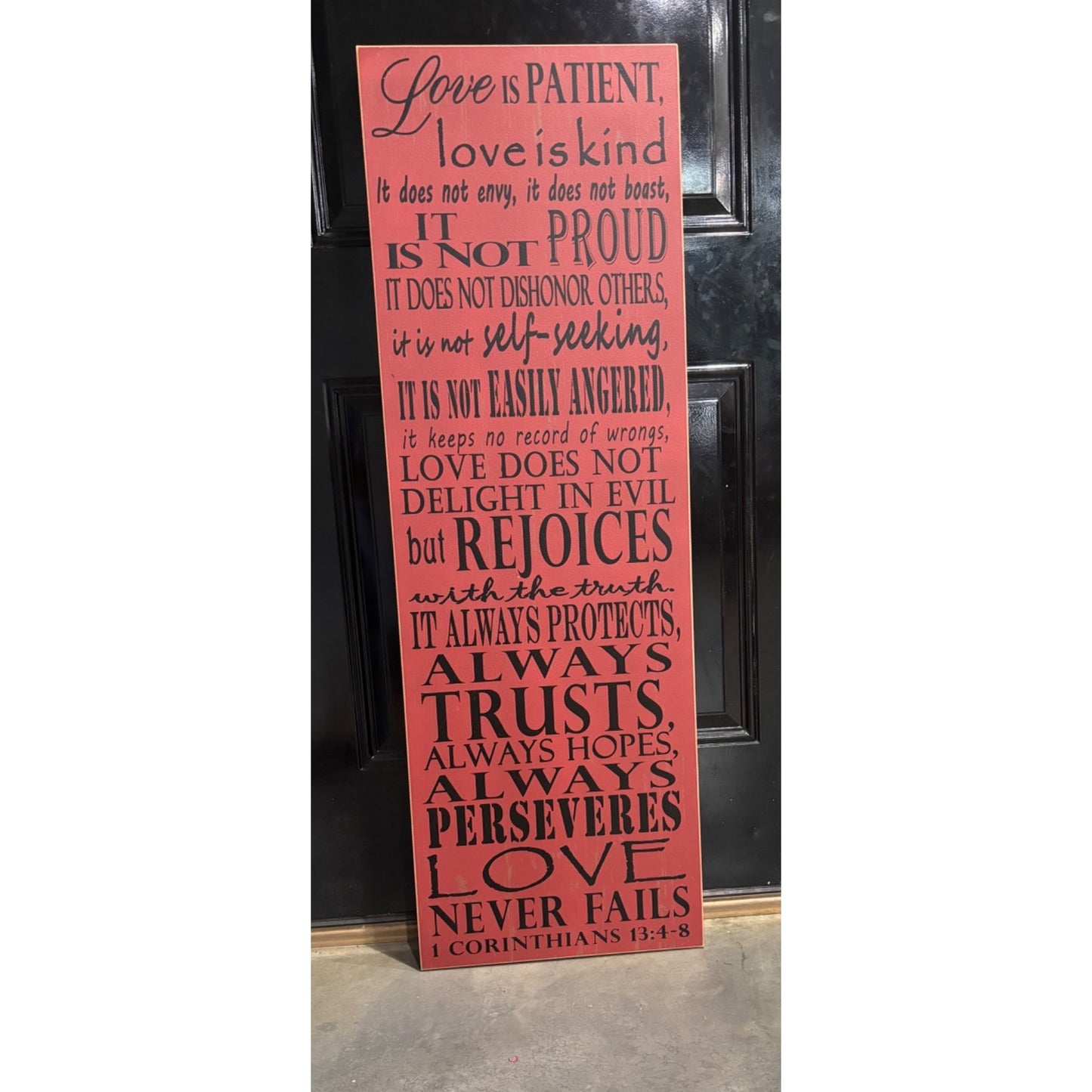 Inspirational Wood Wall Art Sign 1 Corinthians 13:4-8 Quote Red & Black Home Decor