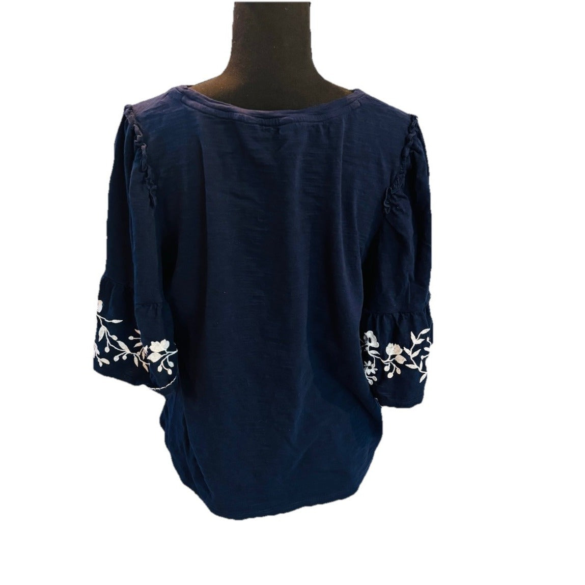 Crown & Ivy Navy Woman’s Flutter Bell Sleeve Top With Embroidery Size XL