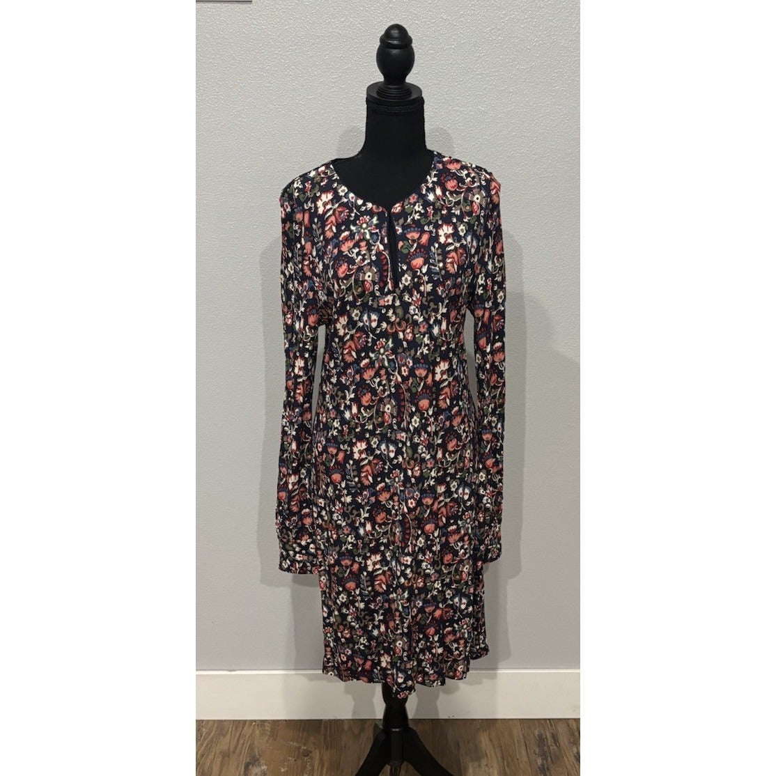 Tory Burch Floral Keyhole Long Sleeve Dress V Neck Round Knee Length Navy Large