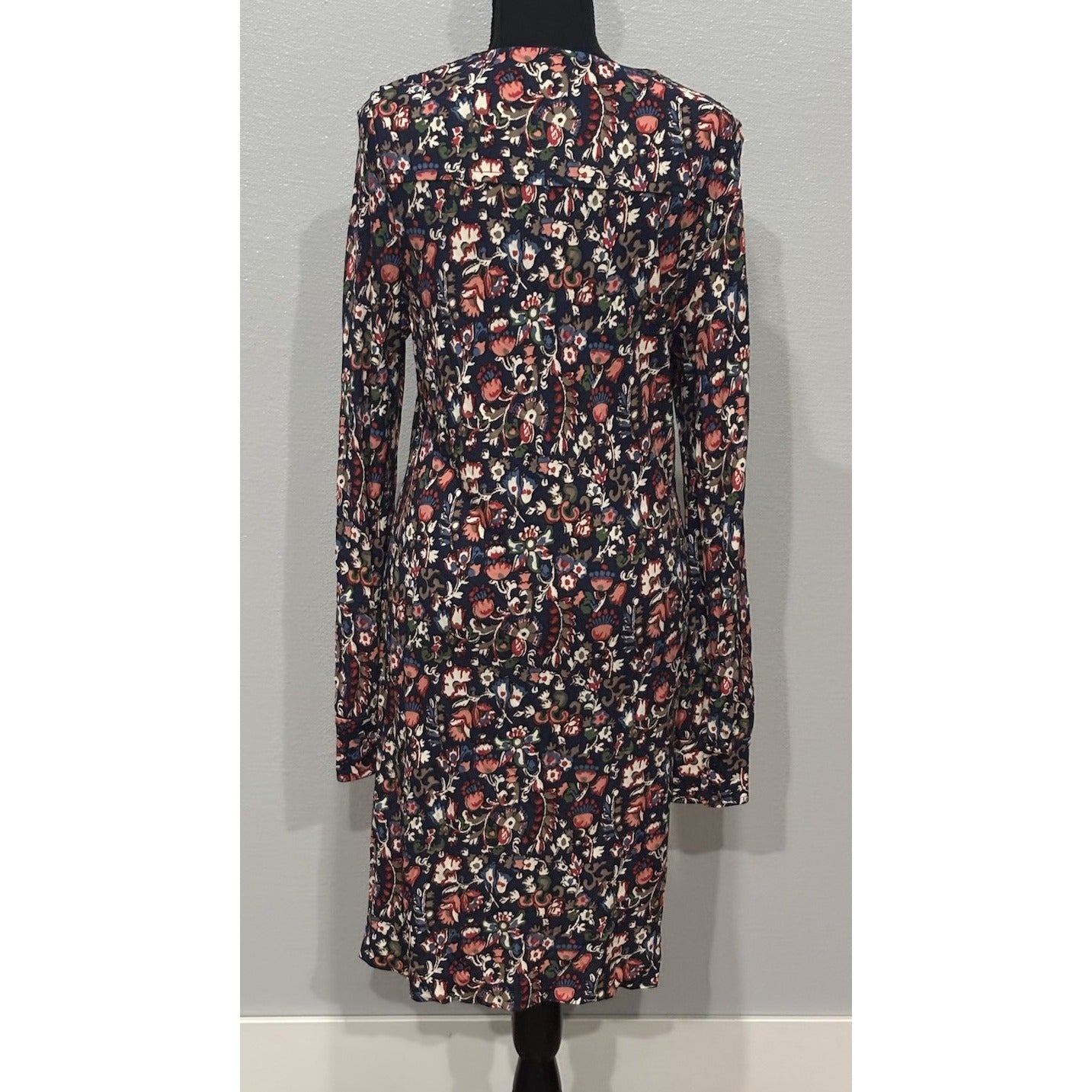 Tory Burch Floral Keyhole Long Sleeve Dress V Neck Round Knee Length Navy Large