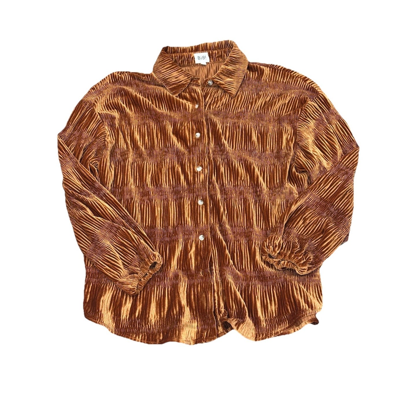 BiBi Oversized Shirt Womens Small Wrinkle Effect Tiered Shirred Velvet Buttoned