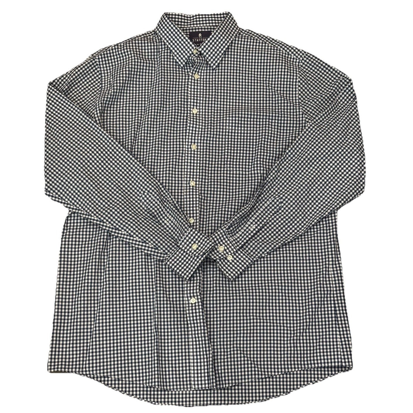 STAFFORD EASY CARE BROADCLOTH Mens Size 17 1/2 36/37 Navy Plaid Long Sleeve