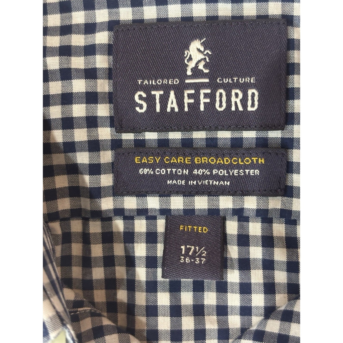 STAFFORD EASY CARE BROADCLOTH Mens Size 17 1/2 36/37 Navy Plaid Long Sleeve