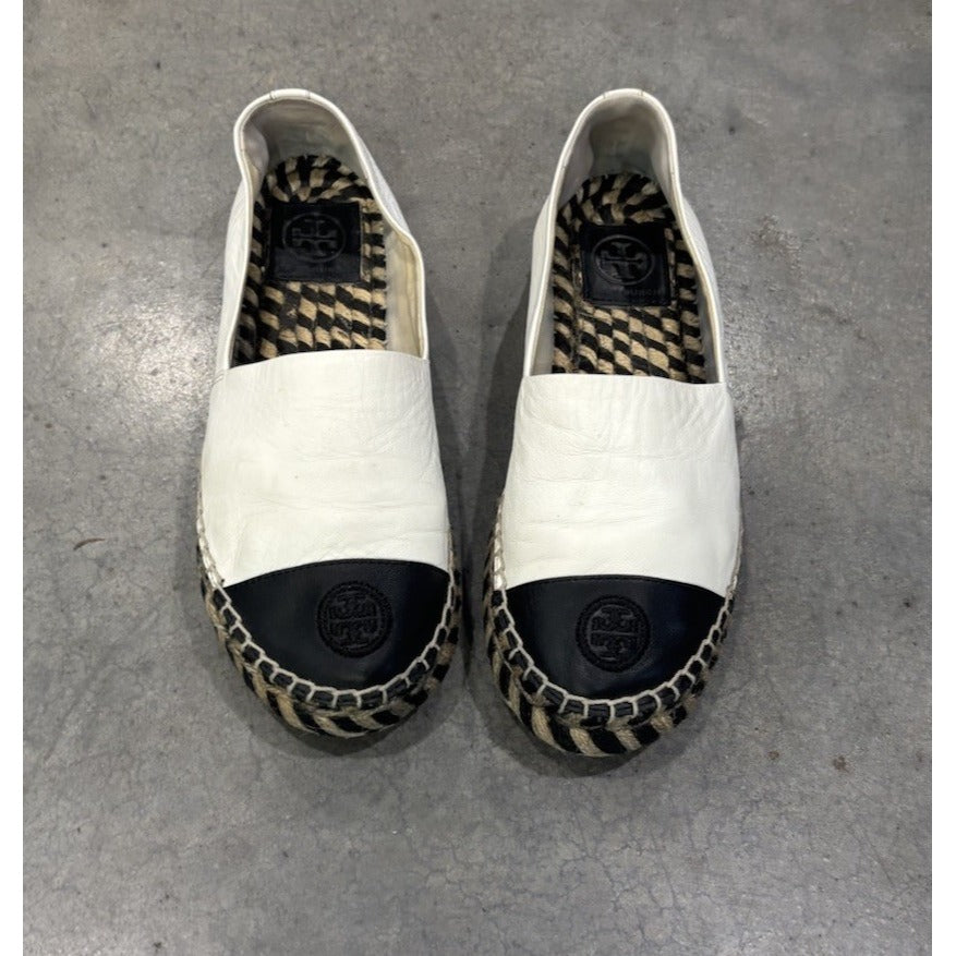 TORY BURCH Color Block Espadrilles Flat Leather Ivory/Black Slip On Shoes Sz 7.5