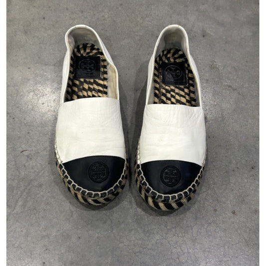 TORY BURCH Color Block Espadrilles Flat Leather Ivory/Black Slip On Shoes Sz 7.5