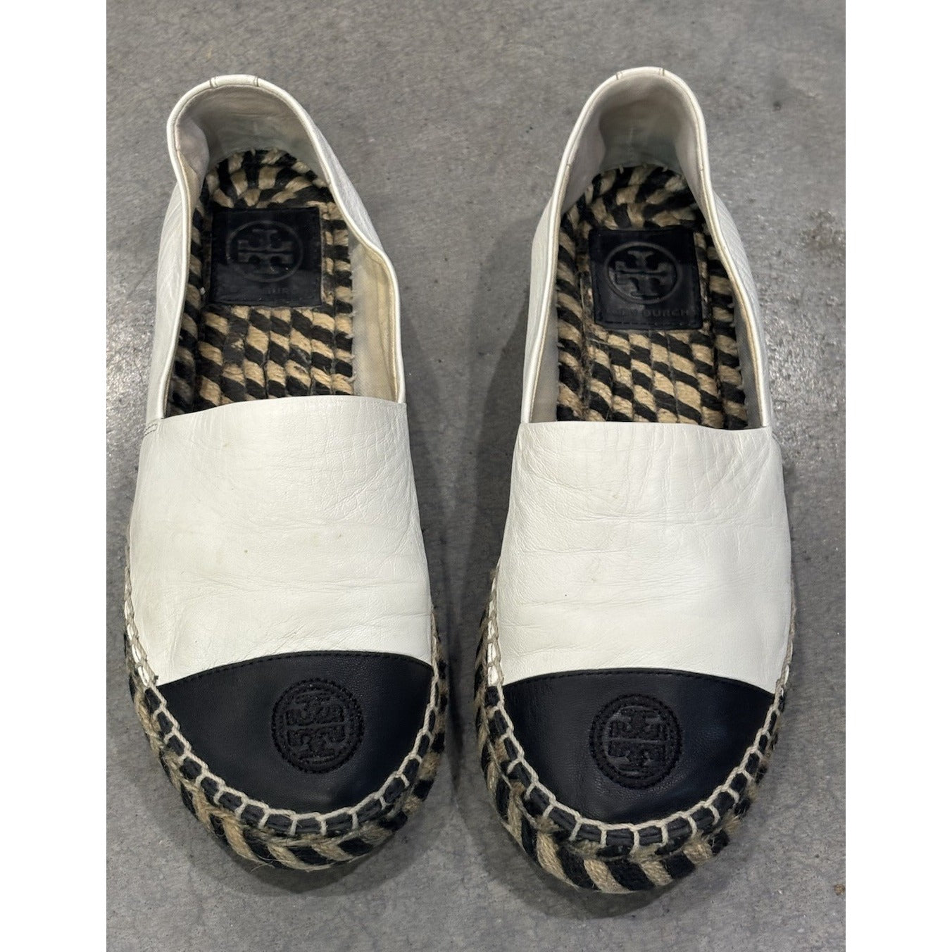 TORY BURCH Color Block Espadrilles Flat Leather Ivory/Black Slip On Shoes Sz 7.5