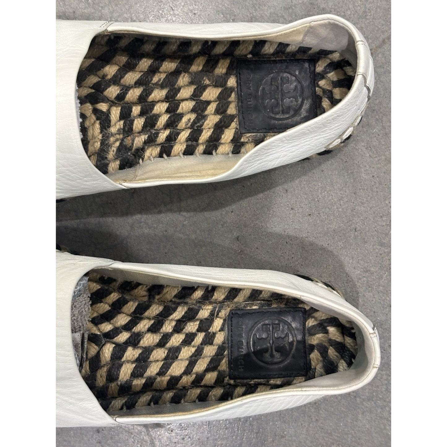 TORY BURCH Color Block Espadrilles Flat Leather Ivory/Black Slip On Shoes Sz 7.5