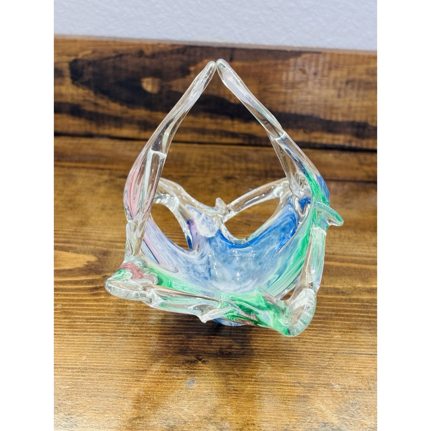 Vintage Murano Pastel Rainbow Swirl Hand Blown Art Glass Basket Bowl