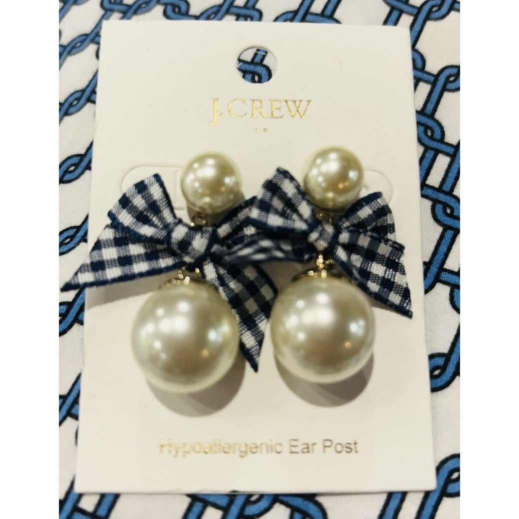 J Crew Navy And White Pearl And Bow Statement Earrings NWT