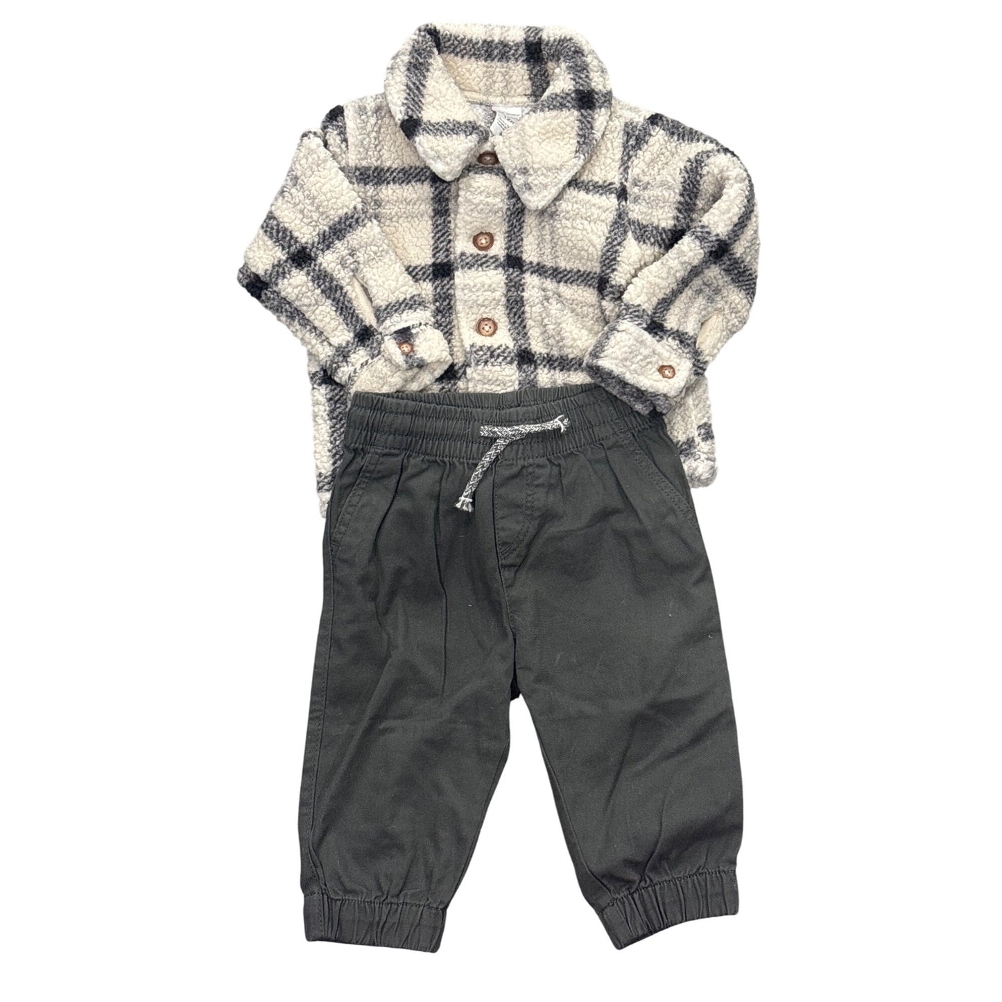 Carters Baby Sherpa Plaid Jacket & H&M Jogger Pants Set 12M Cozy Winter Outfit