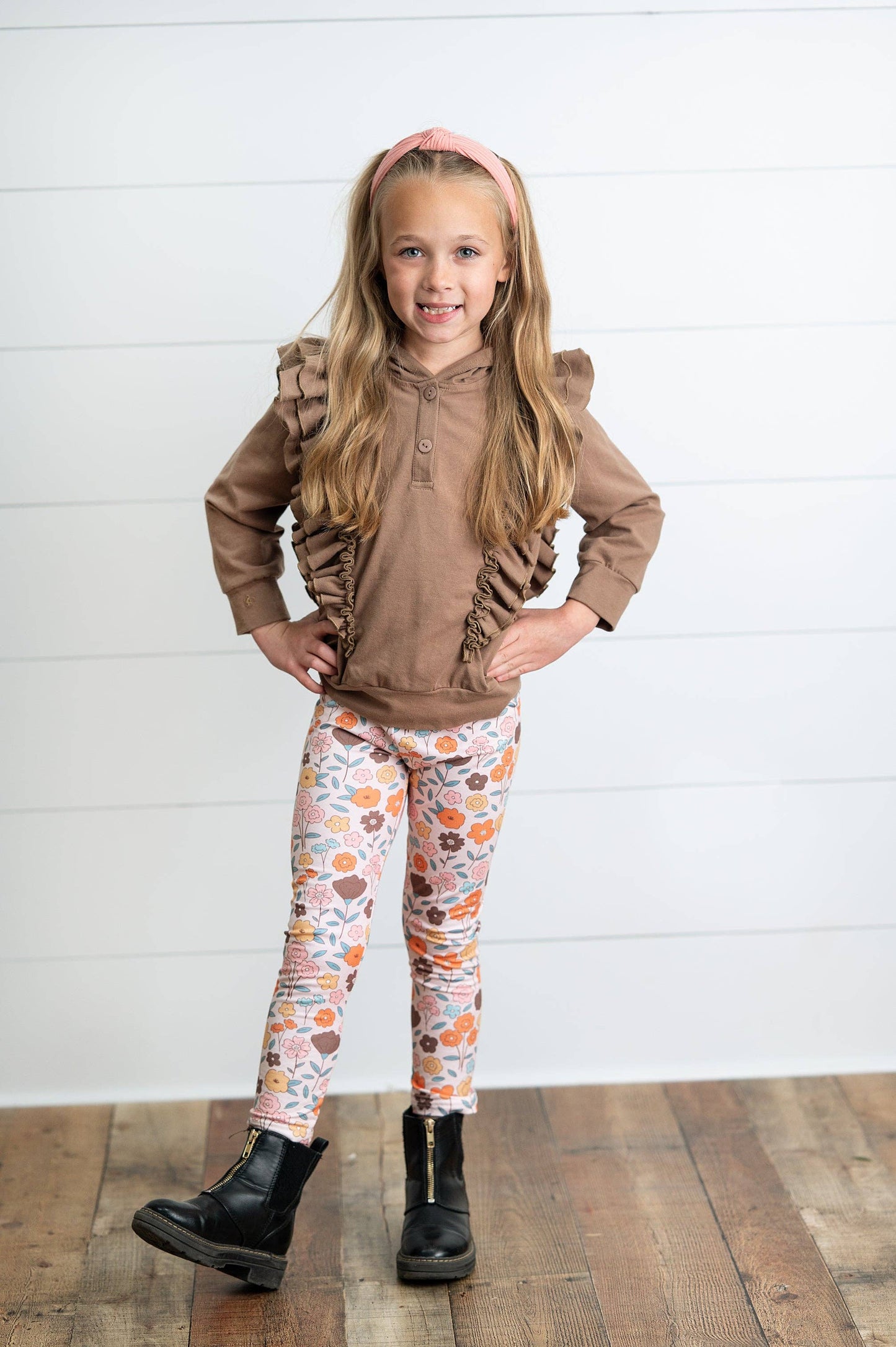 Kids Chocolate Ruffle Hoodie & Floral Fall Pant Set
