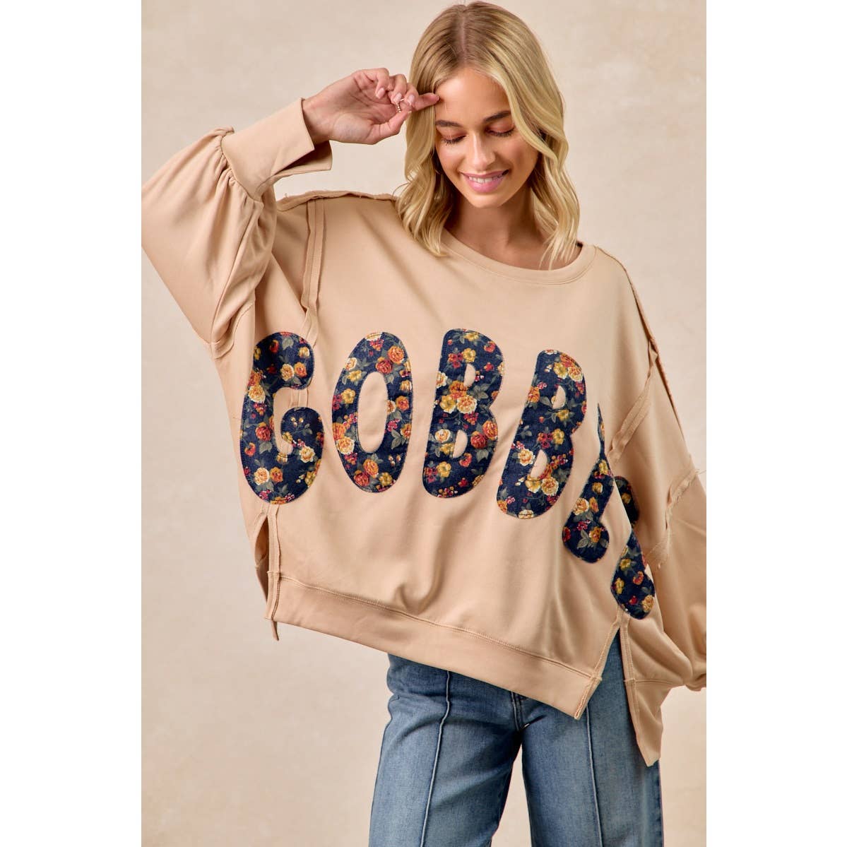 THANKSGIVING GOBBLE LETTER PATCHES SWEATSHIRT