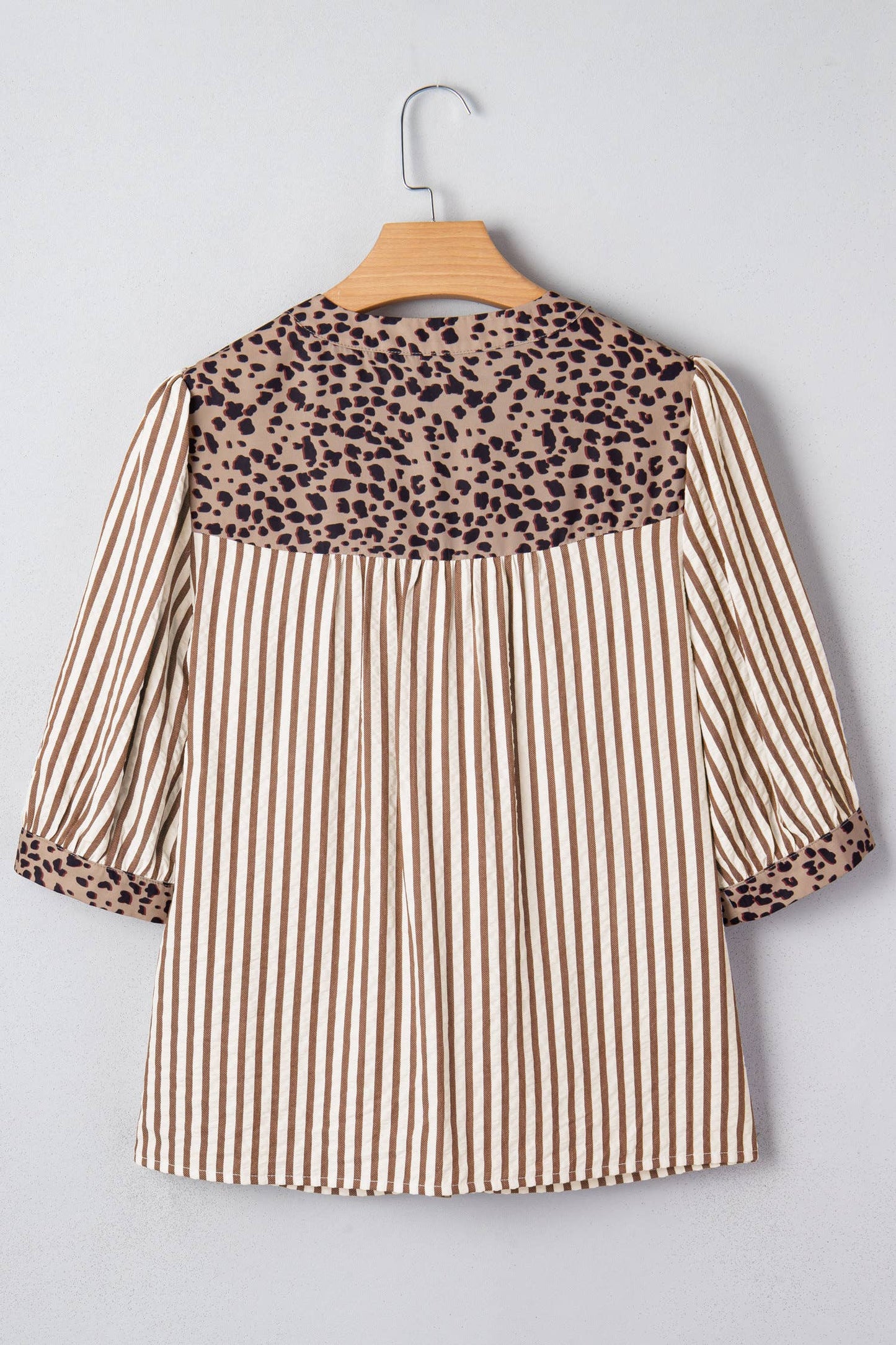 Leopard Trim Button Down Stripe Half Sleeve Shirt (S-XL)