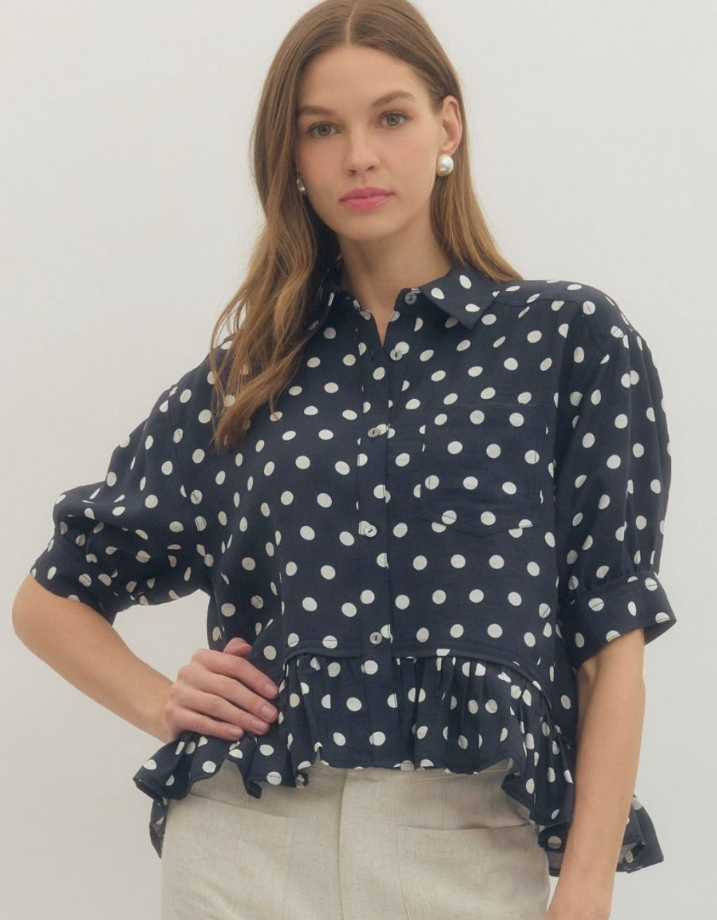 Entro Navy Polka Dot Short Sleeve Ruffle Hem Shirt
