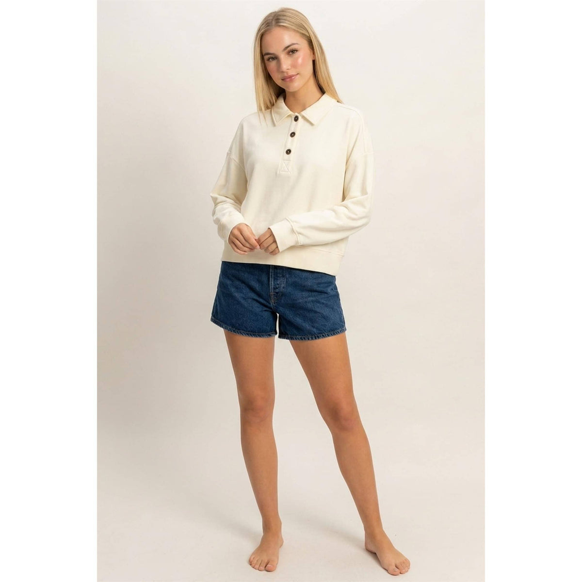 Washed Button-Front Collared Sweatshirt