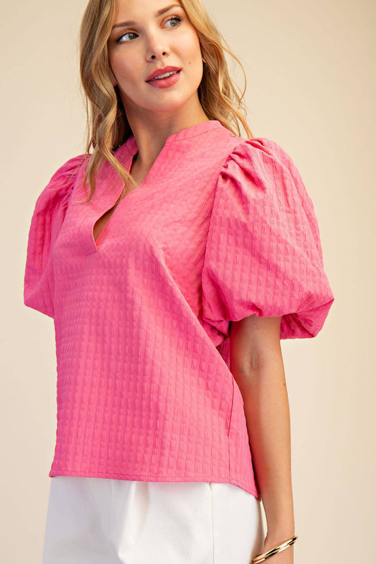 Glam V-Neck Puff-Sleeve Textured Top