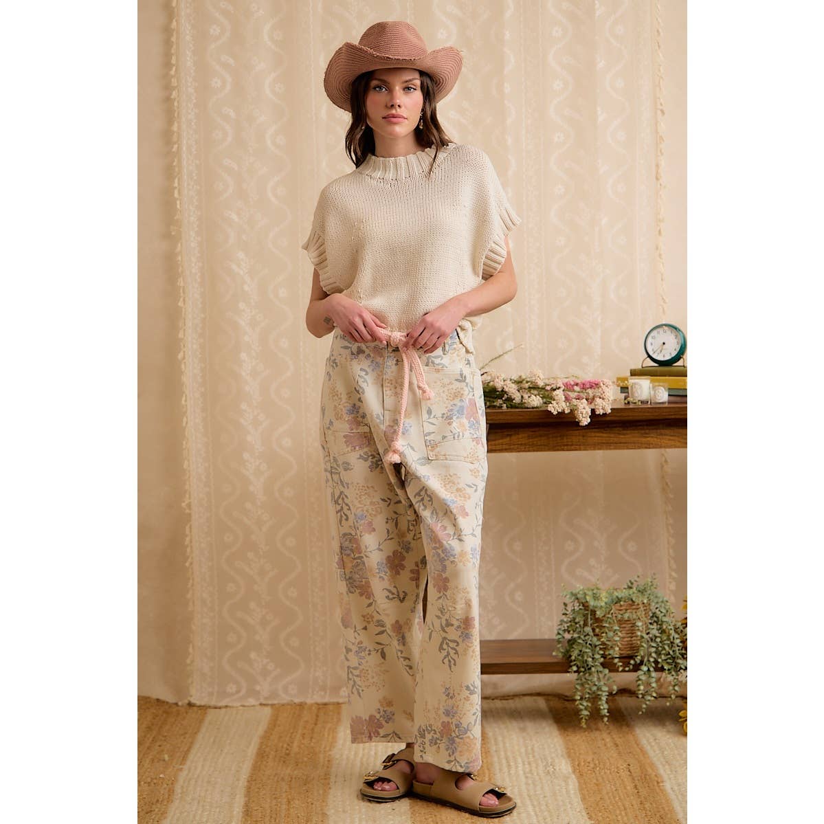 WOMEN VINTAGE WASHED FLORAL COTTON DRAWSTRING PANTS