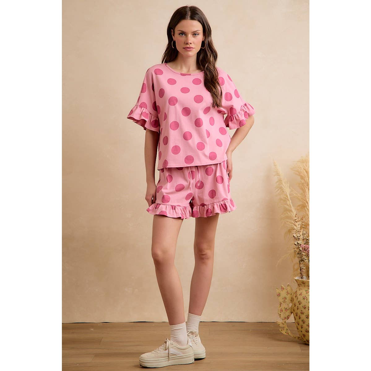 BiBi POLKA DOTS PRINTED RUFFLED DETAIL TOP AND SHORTS SET