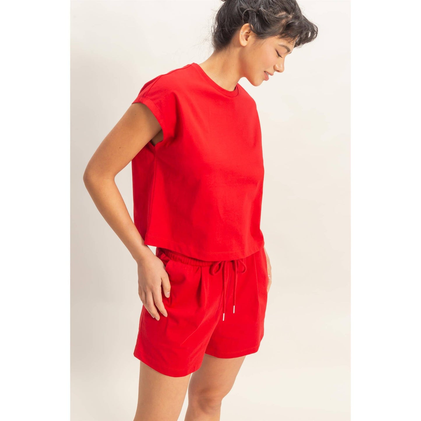 Double Zero Cap Sleeve Boxy Top And Shorts Set Red