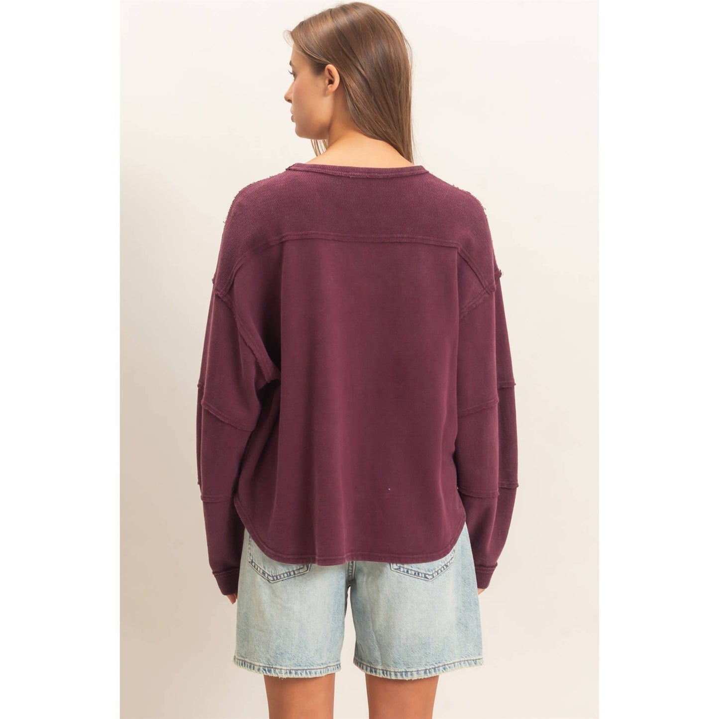 Double Zero Mineral Wash Overzised Raw Edge Crew Neck Top
