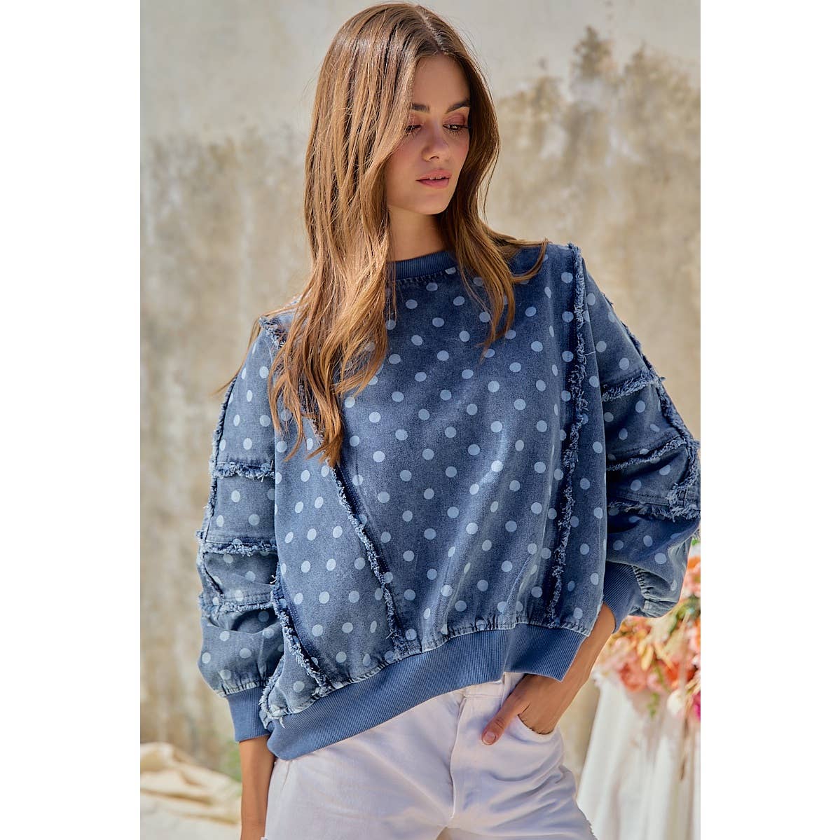 POLKA DOT PRINTED WASHED DENIM FRAYED EDGE DETAIL TOP