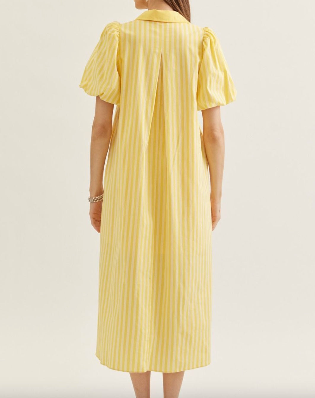 Entro Striped Short Puff Sleeve Midi Dress Featuring Collar and Button Closure at Front in Yellow