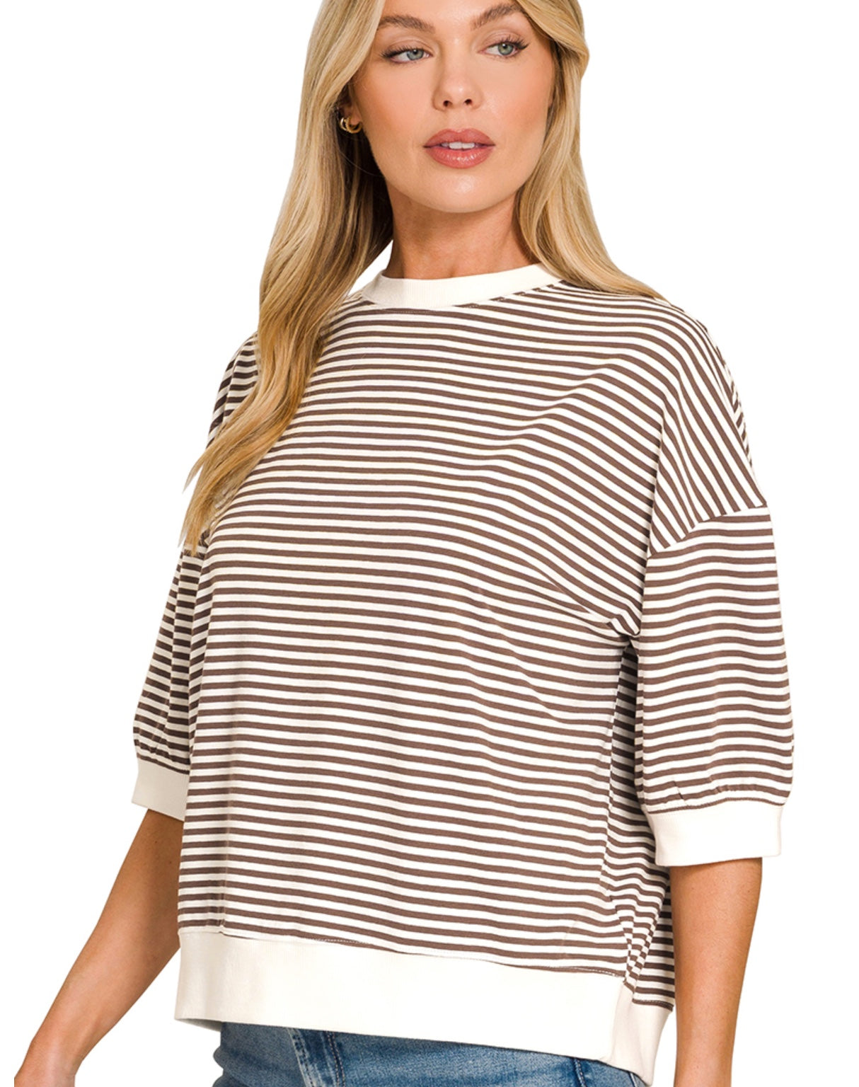 Striped contrast trim rib banded top Brown