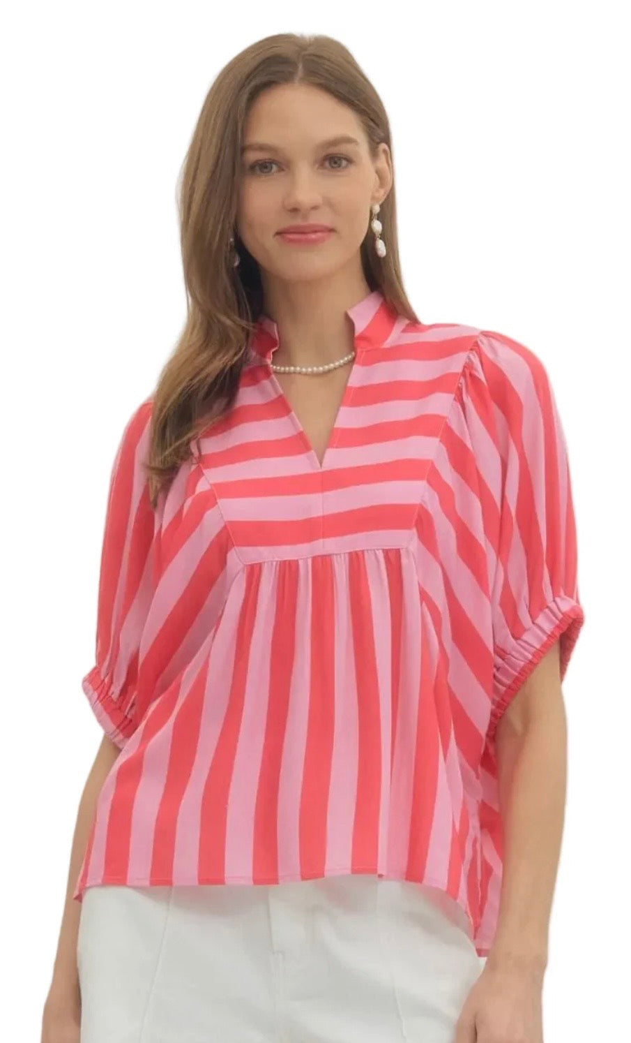 Entro Stripe Print Pink Dolman V-neck Detail