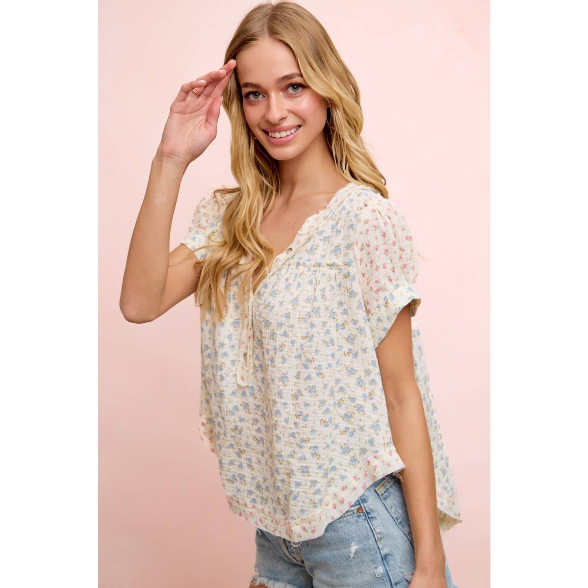 BiBI FLORAL CRINKLE NECKDROP SHORT SLEEVE BLOUSE TOP