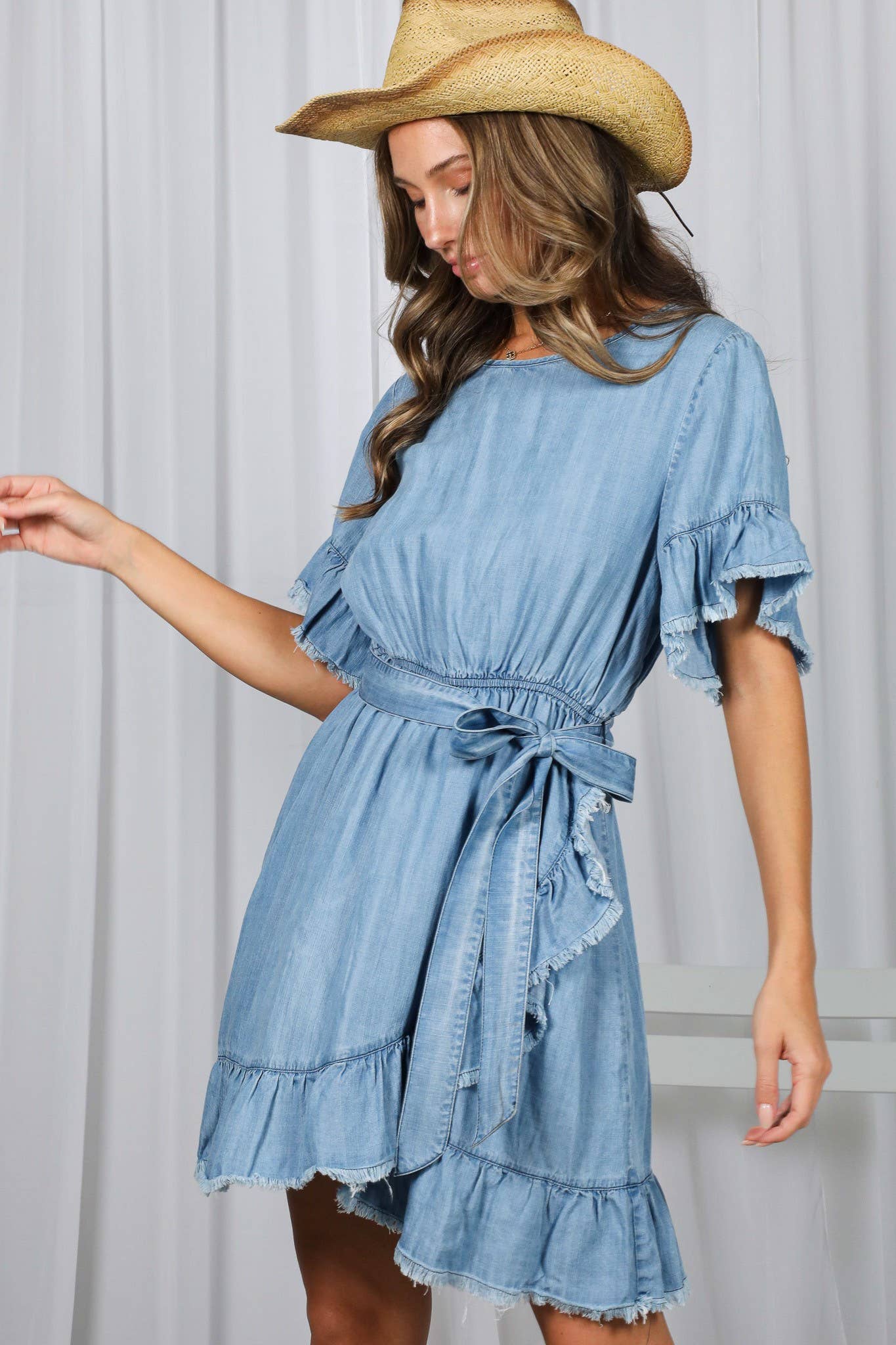 Ruffle Frayed Hem 100%Tencel Chambray Wrap Dress