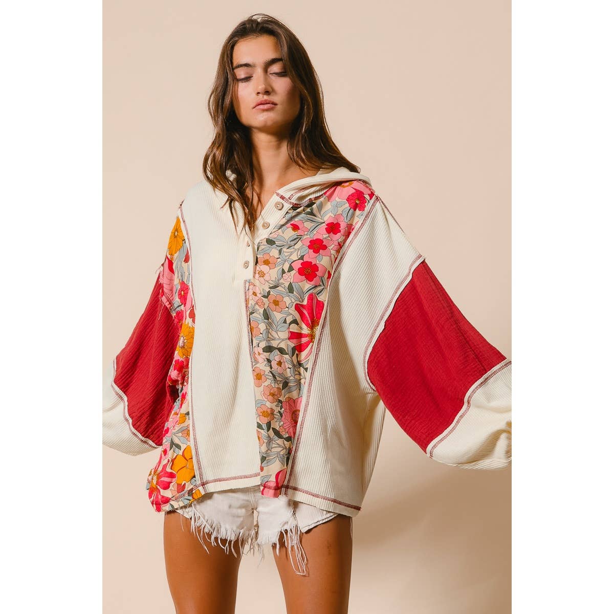 KNIT AND PRINT MIXED HOODIE TOP